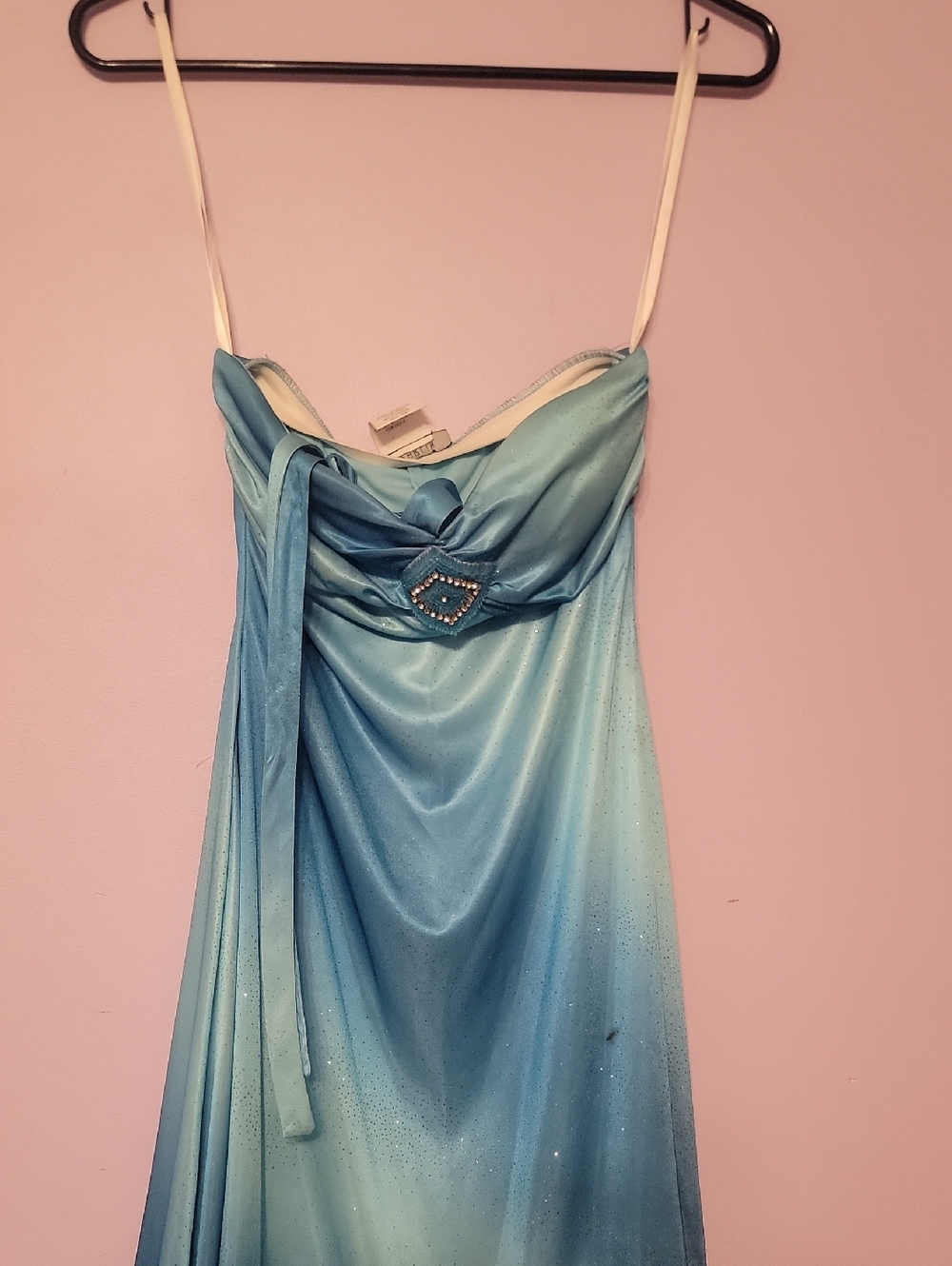 B Darlin Blue Ombre Strapless Satin Evening Dress with Rhinestone Accent
